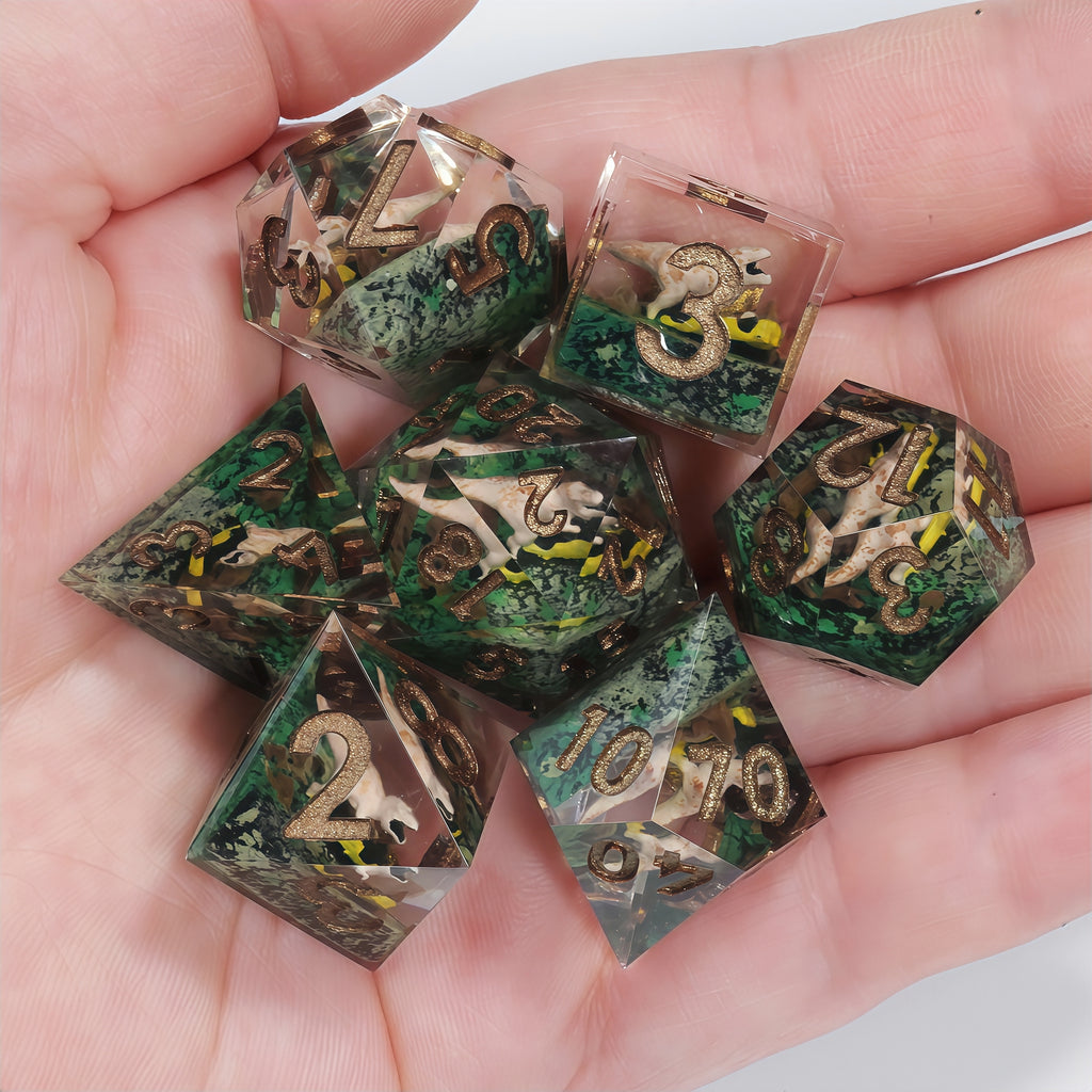 LuxeRoll Dice Dinosaur Handmade Resin Dice Set 7‑Piece Sharp Edge DND Dice with Mini Dinosaur Inside, Premium Gift Box for Dungeons & Dragons TTRPG Tabletop Game