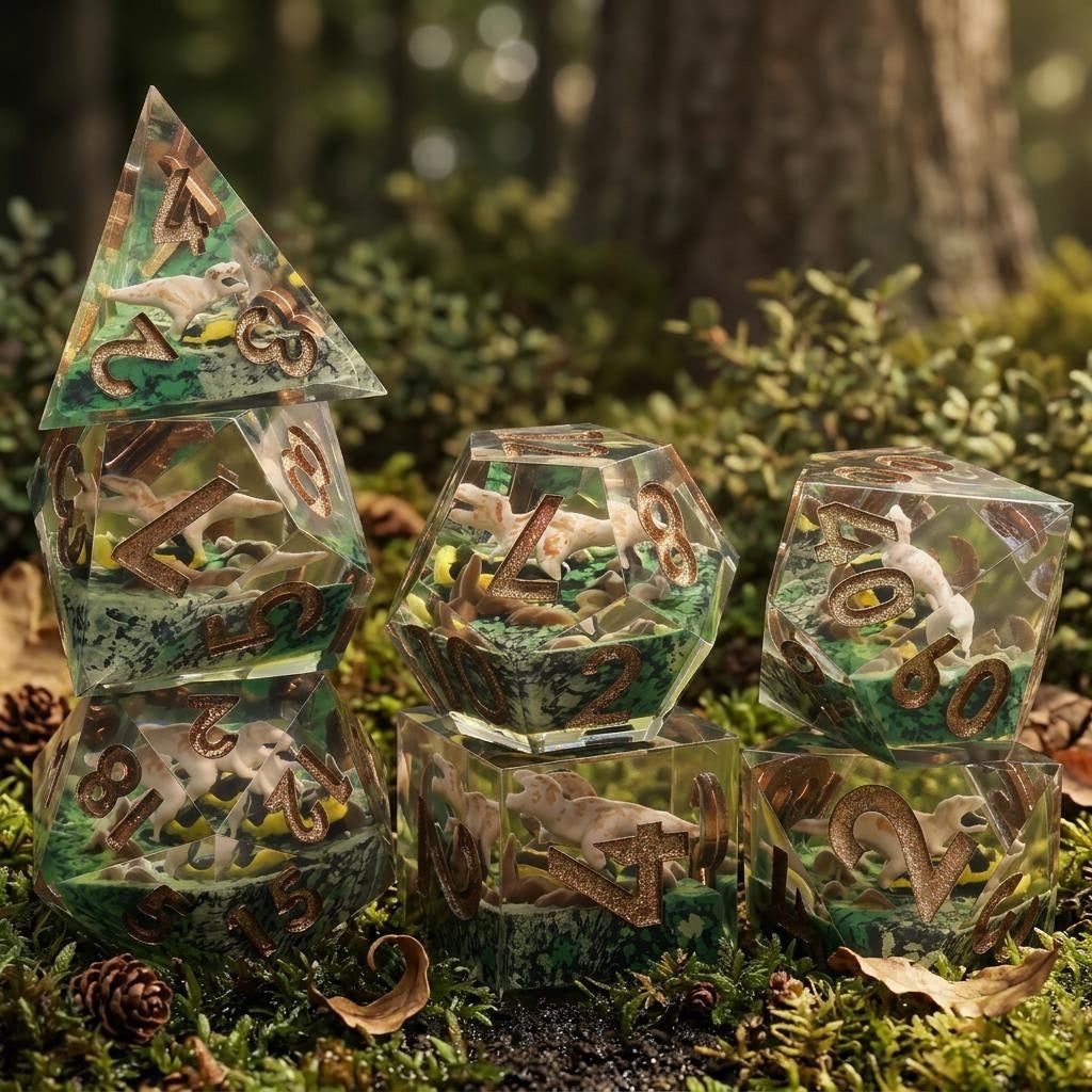 LuxeRoll Dice Dinosaur Handmade Resin Dice Set 7‑Piece Sharp Edge DND Dice with Mini Dinosaur Inside, Premium Gift Box for Dungeons & Dragons TTRPG Tabletop Game