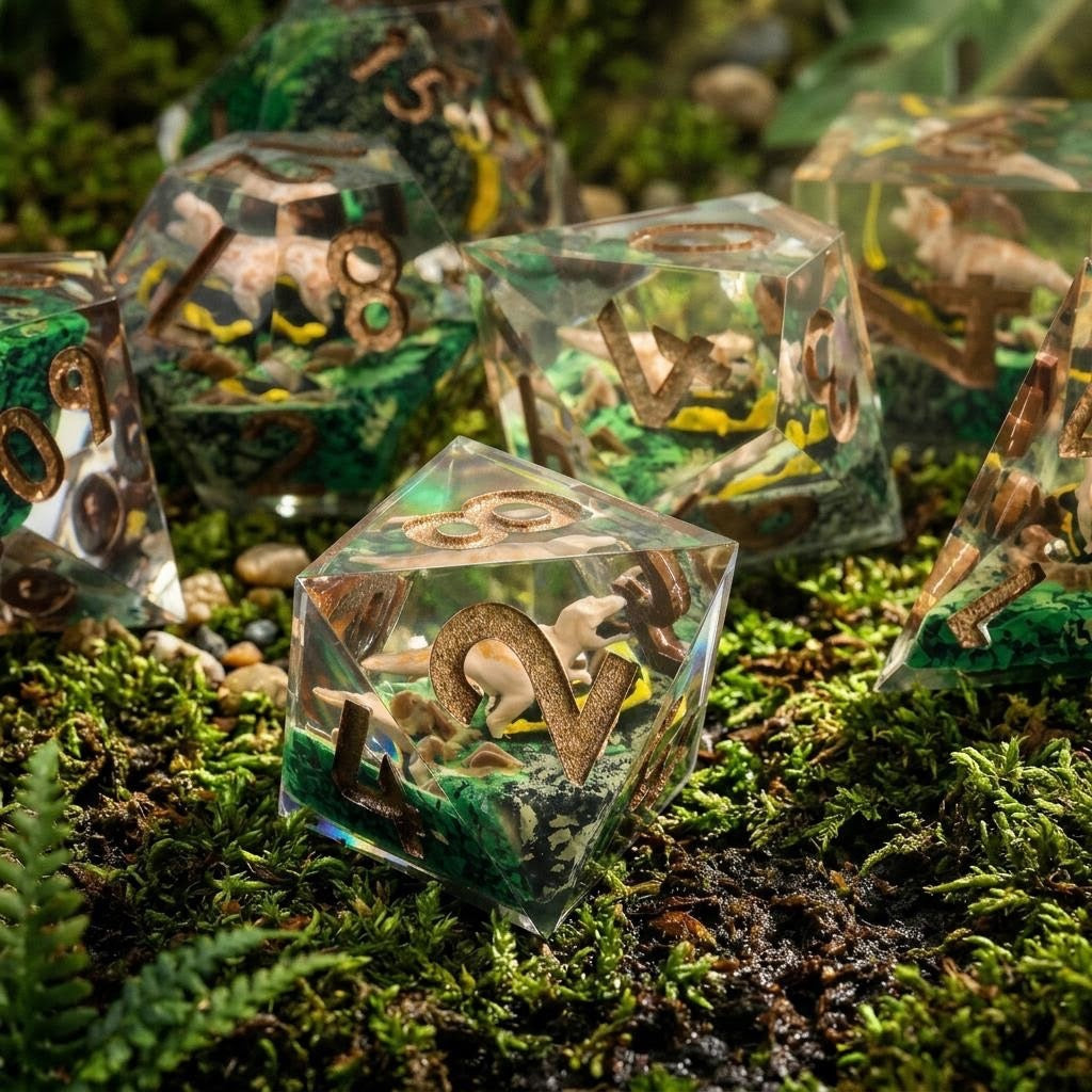 LuxeRoll Dice Dinosaur Handmade Resin Dice Set 7‑Piece Sharp Edge DND Dice with Mini Dinosaur Inside, Premium Gift Box for Dungeons & Dragons TTRPG Tabletop Game